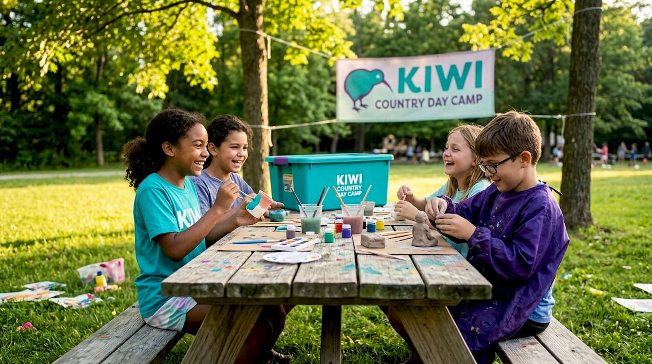 Children doing arts and crafts outdoors at summer camp