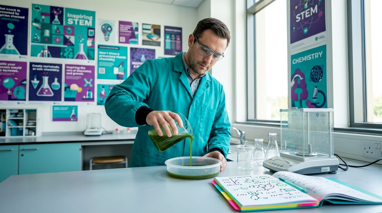 Scientist pouring viscous liquid in chemistry lab