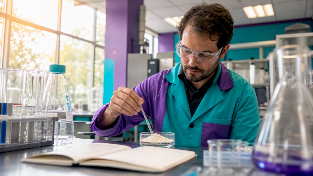 Chemist analyzing calcium sulphate powder in lab