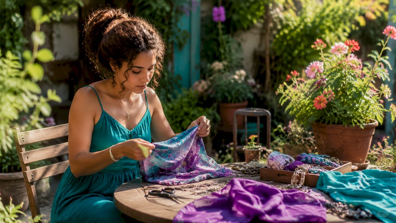 Woman making halter top from scarf on floor