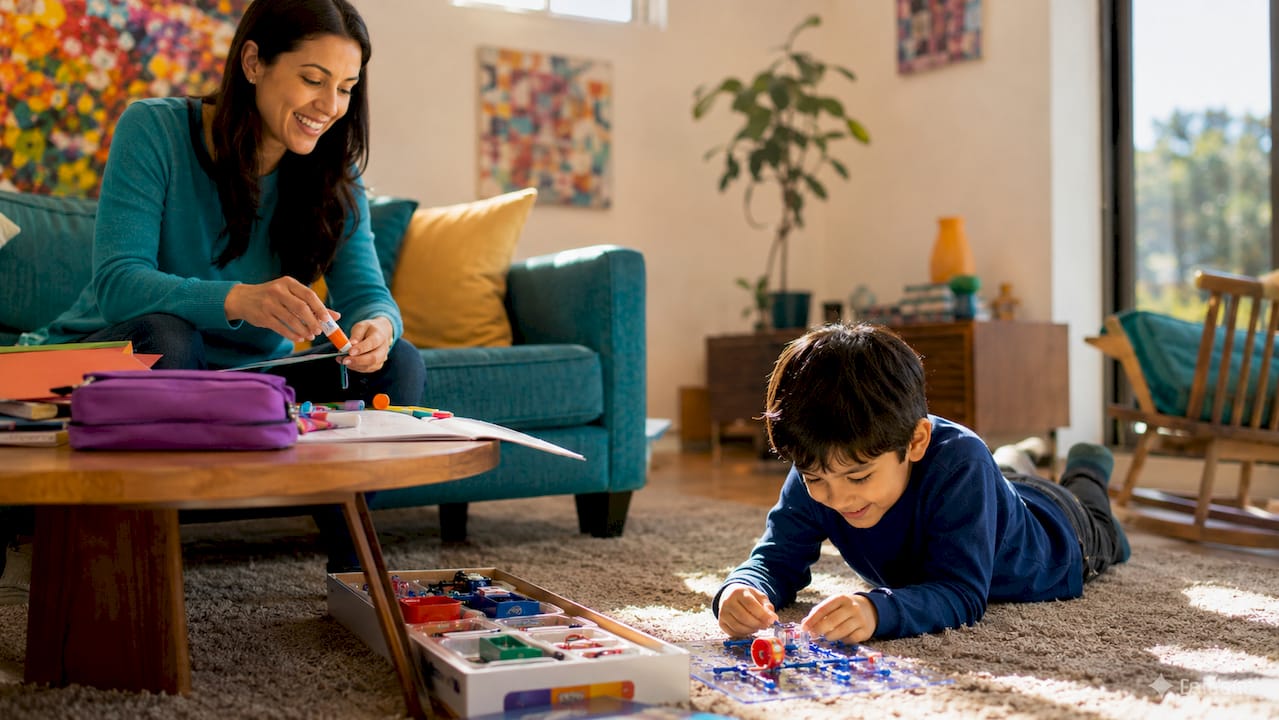 Parent organizing STEAM activities with child at home