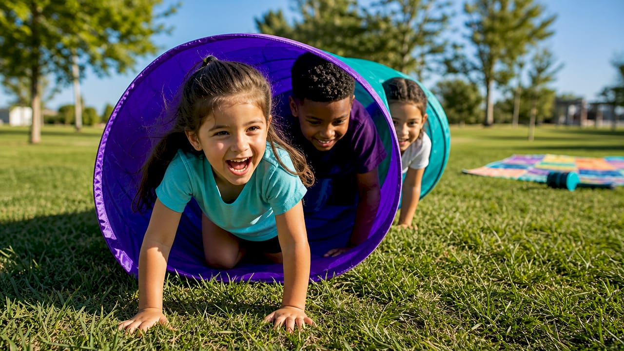 Children crawling through colorful indoor play tunnel