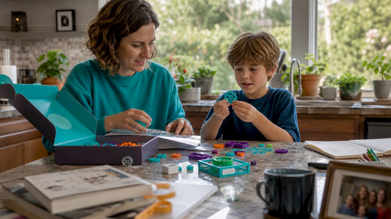 Parent and child unpacking STEM learning kit at home