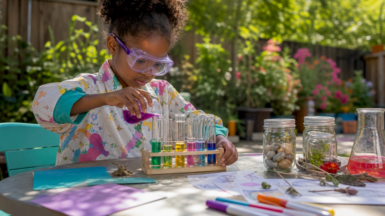 Girl engaged in imaginative scientist play at table