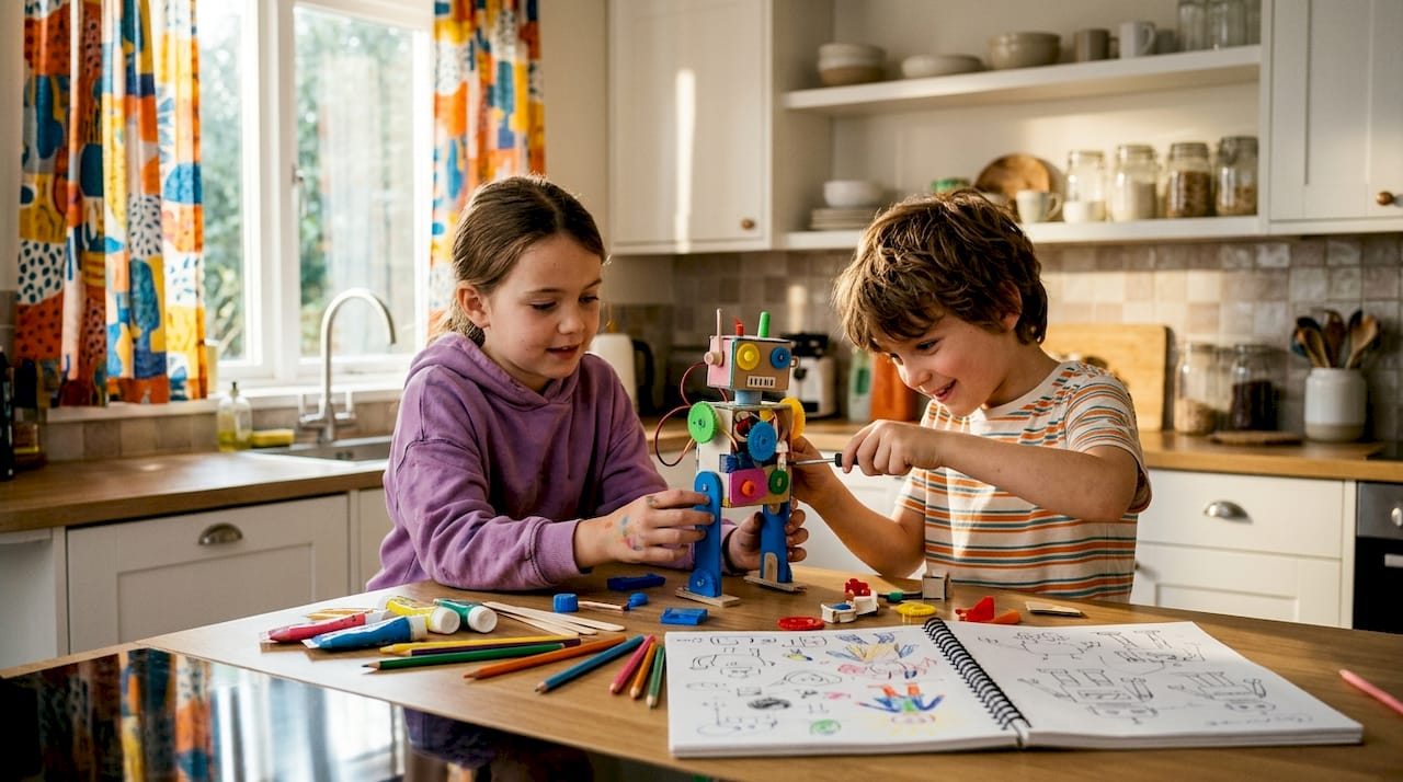 Children assembling robot in bright study nook