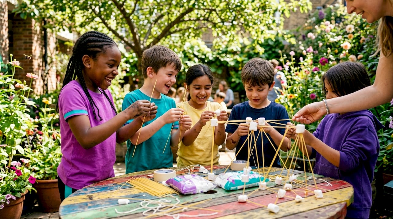 Children building marshmallow bridge together