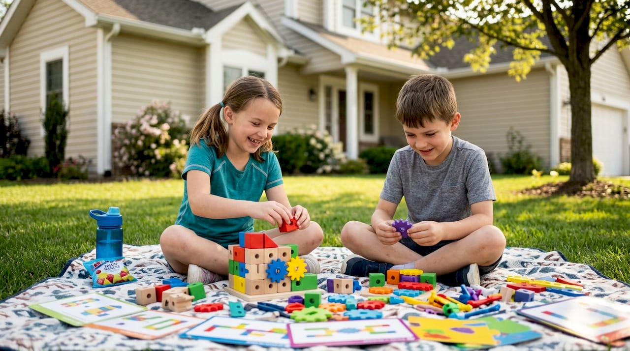 Children engaging with screen-free educational kit on floor