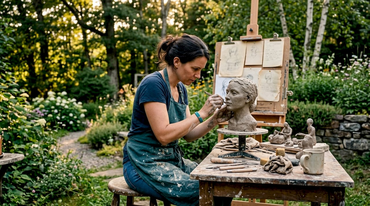 Artist shaping clay bust in studio