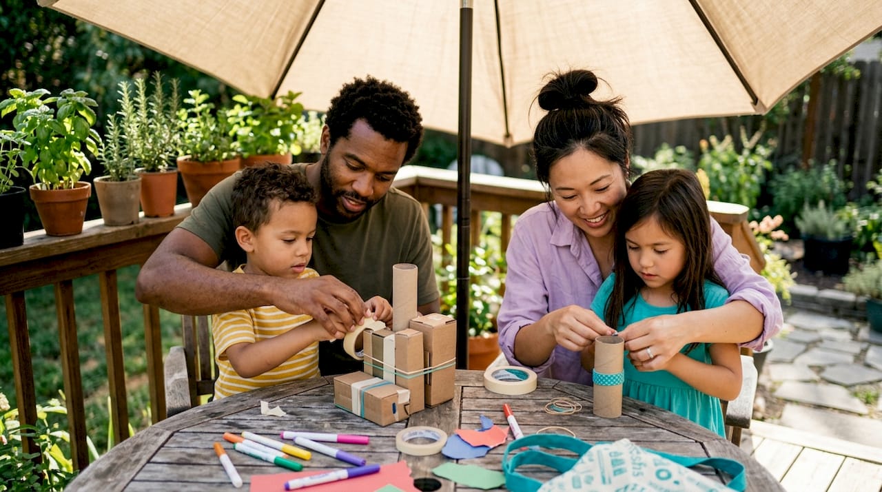 Family assembling a STEM project at home