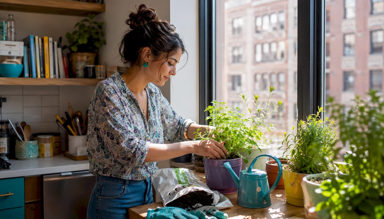 Woman arranging herb pots on bright kitchen windowsill