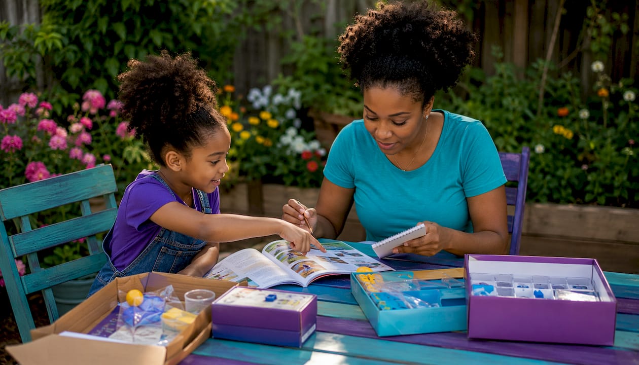 Mother and child comparing STEAM kit options