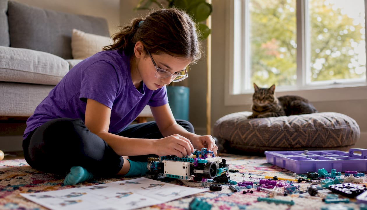 Girl assembling STEM robot at table