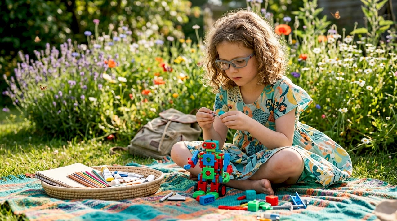 Young girl building a robot model at home craft table