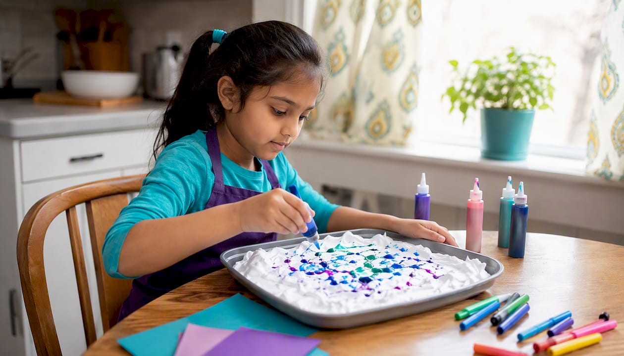 Child creating shaving cream marbling art