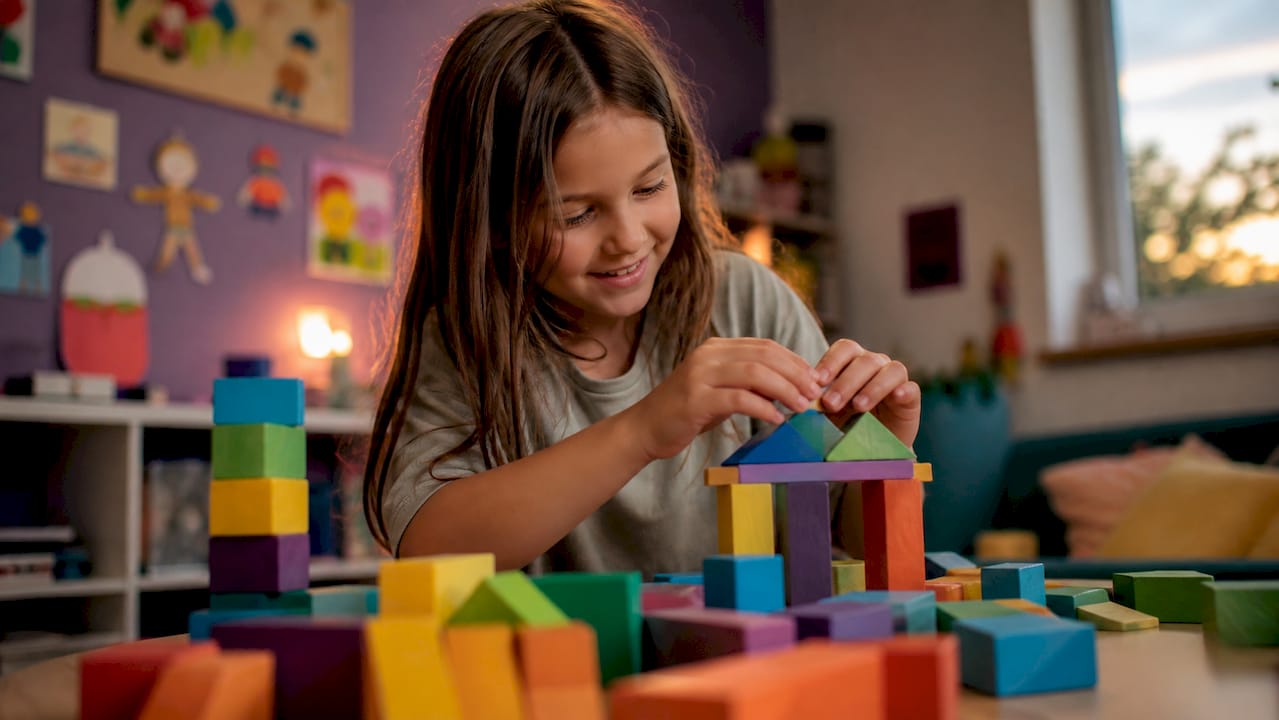 Child playing with colorful educational blocks