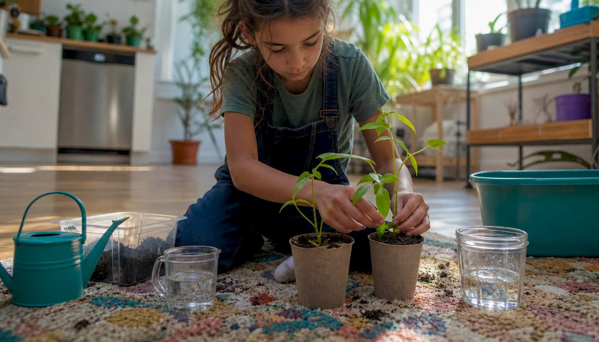 Child hands setting up plant experiment