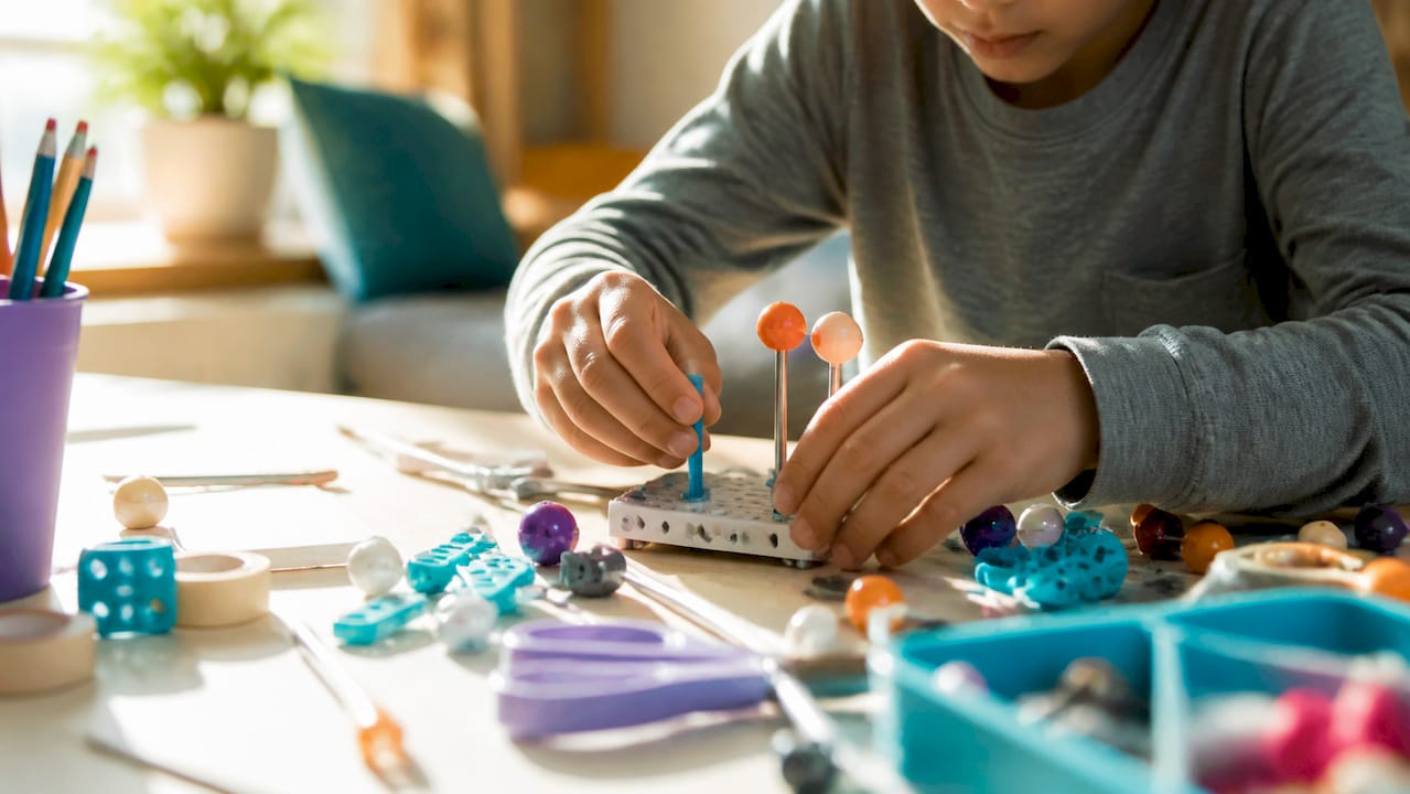 Child hands assembling STEAM discovery kit