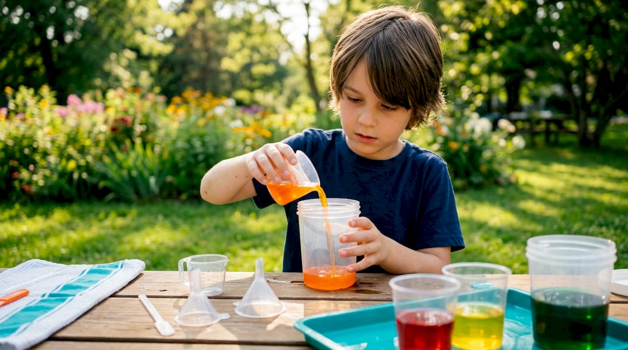 Child pouring colored water for STEM project