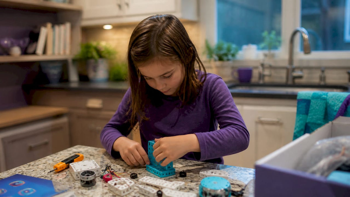 Child assembling hands-on science experiment kit