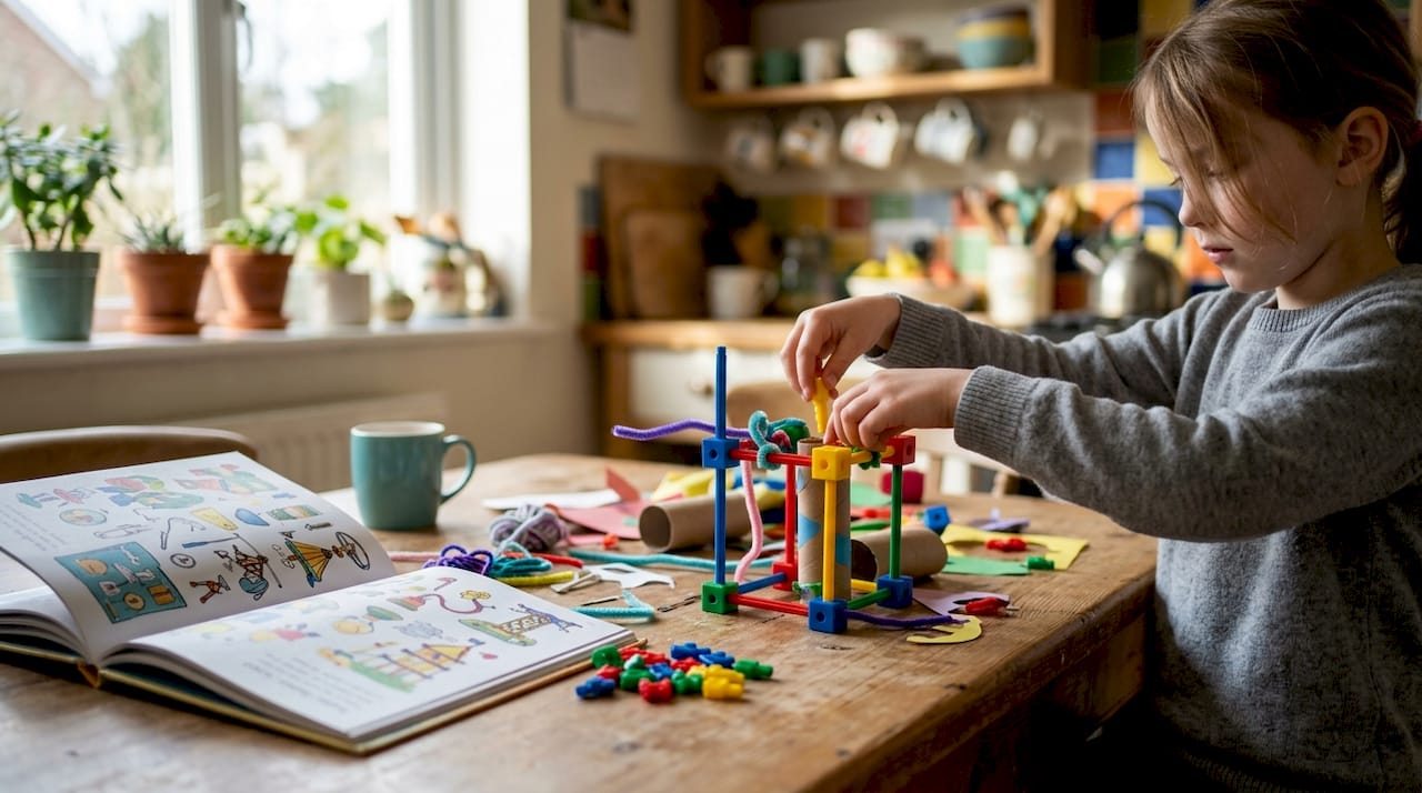 Child hands building STEM craft with picture book