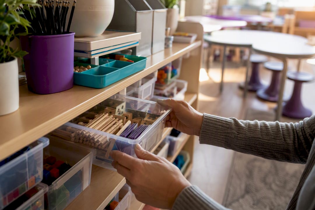 Teacher preparing STEM morning tubs