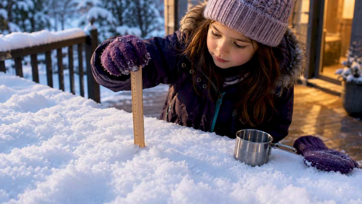 Child measuring fresh snow depth outdoors