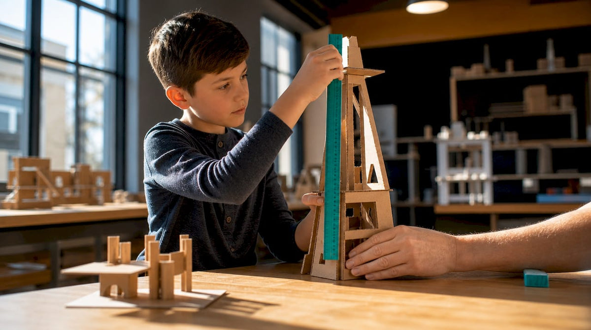 Child measuring a hands-on engineering project