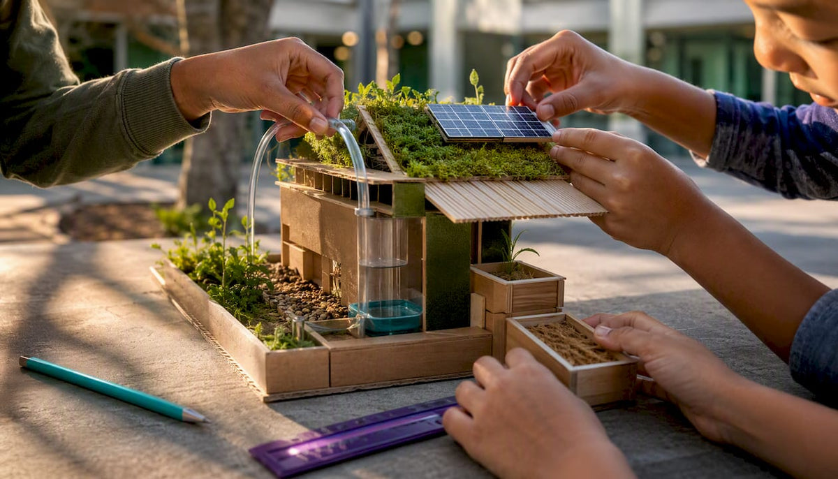 Children assembling a miniature regenerative building