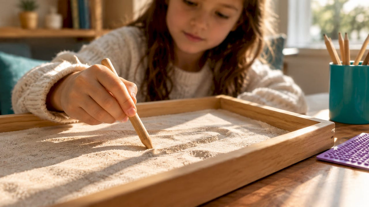 Child practicing writing in a sand tray
