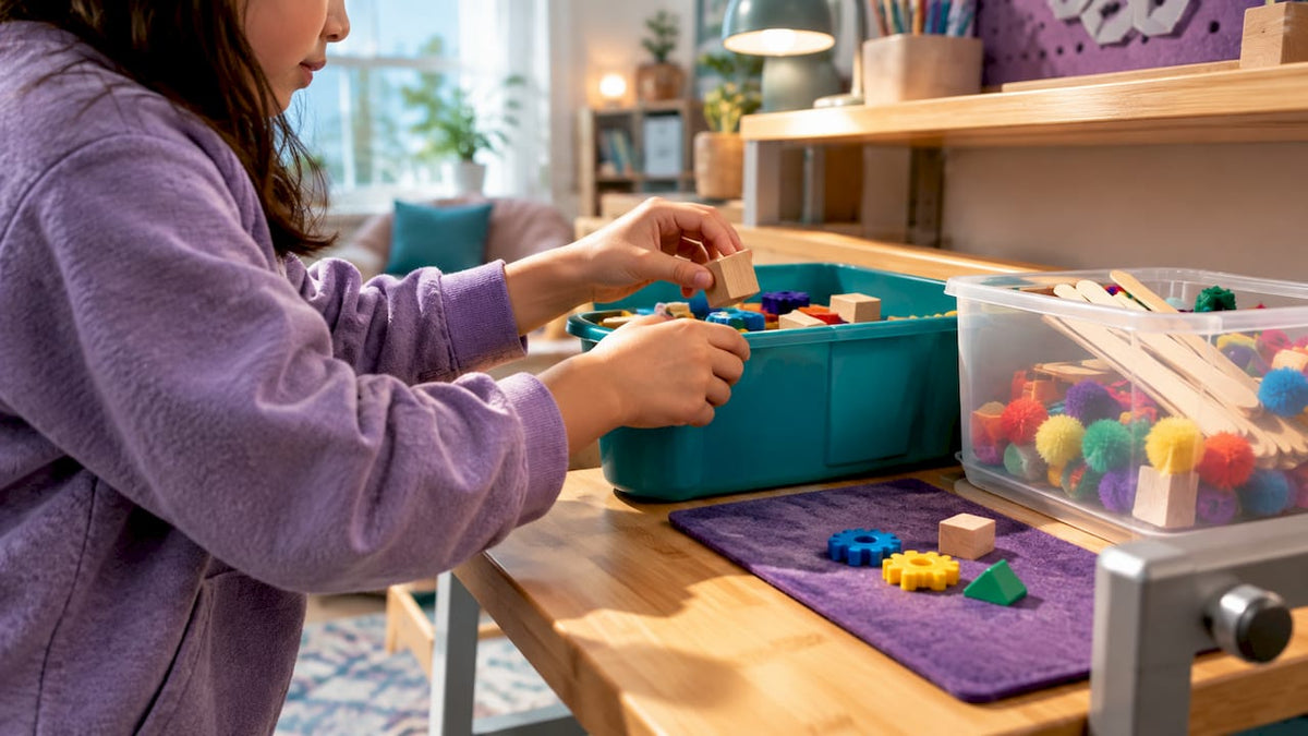 Child resetting supplies in home maker space