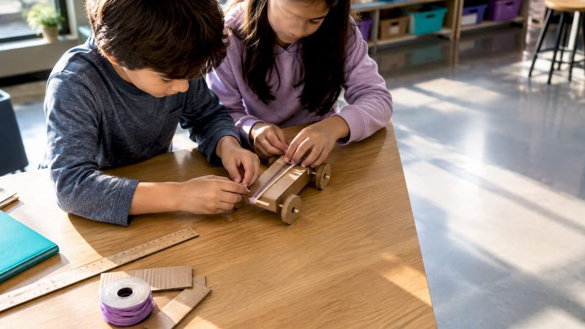 Children testing a recycled cardboard vehicle