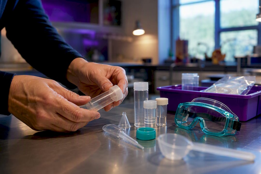 Hands inspecting science experiment safety materials