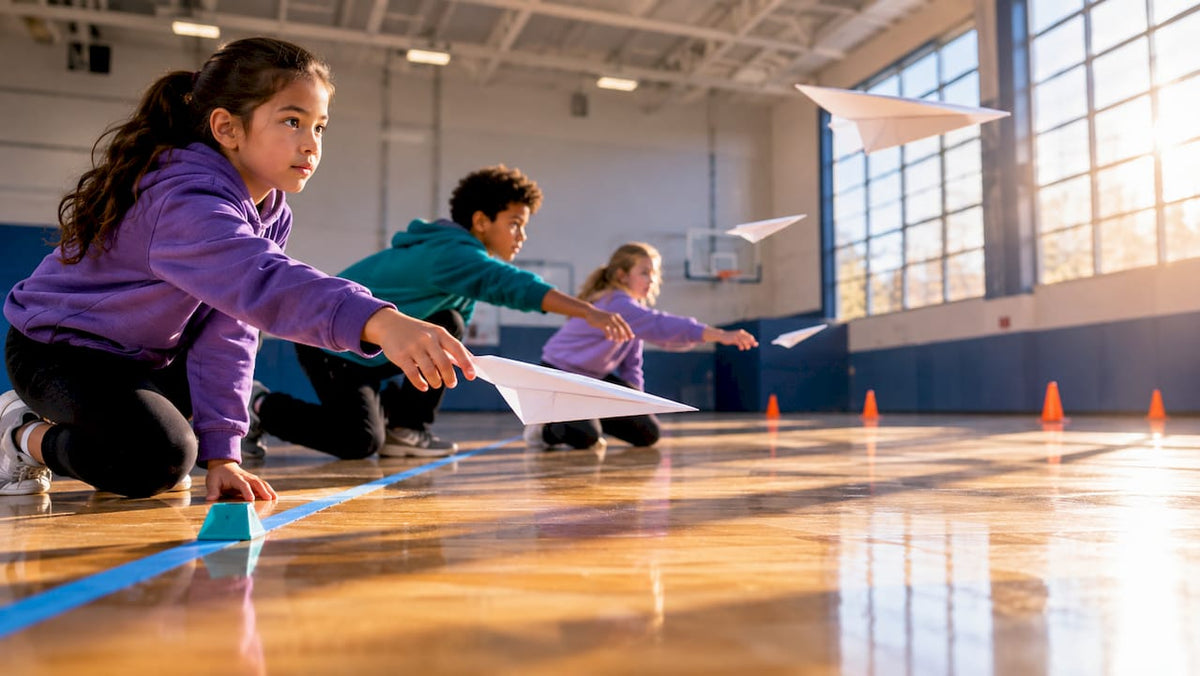 Children testing paper airplanes in gym
