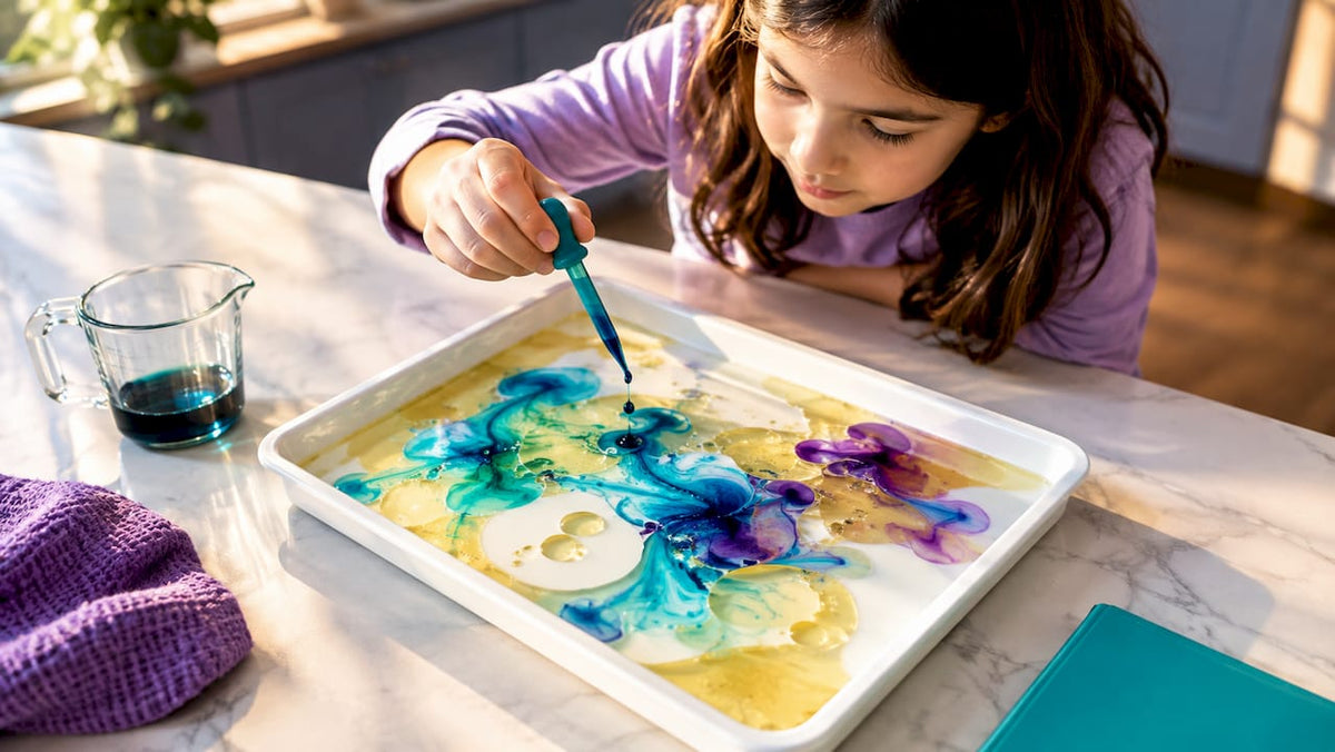 Child observes colors separating in milk and oil