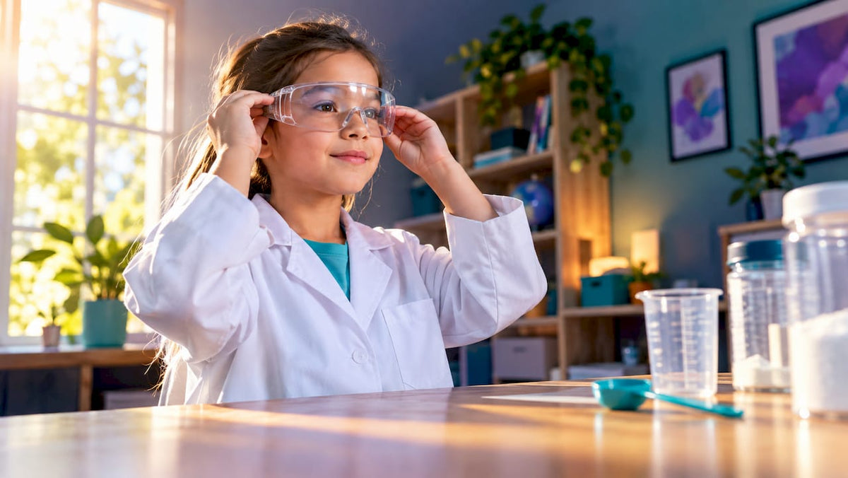 Child preparing for safe science role play