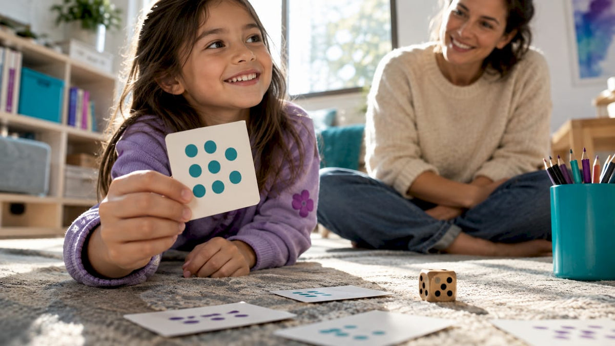 Child and parent playing dot card math game