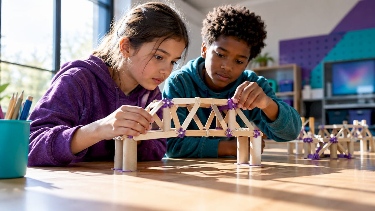 Children rebuilding a bridge prototype together