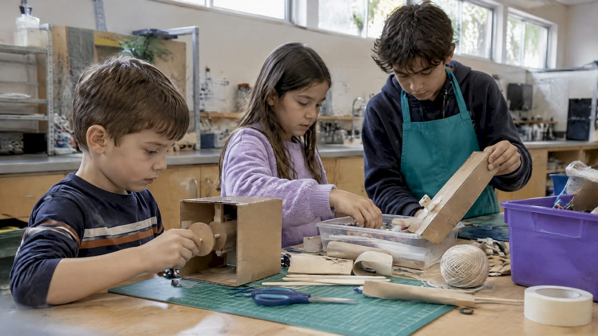 Children collaborating on hands-on invention activity
