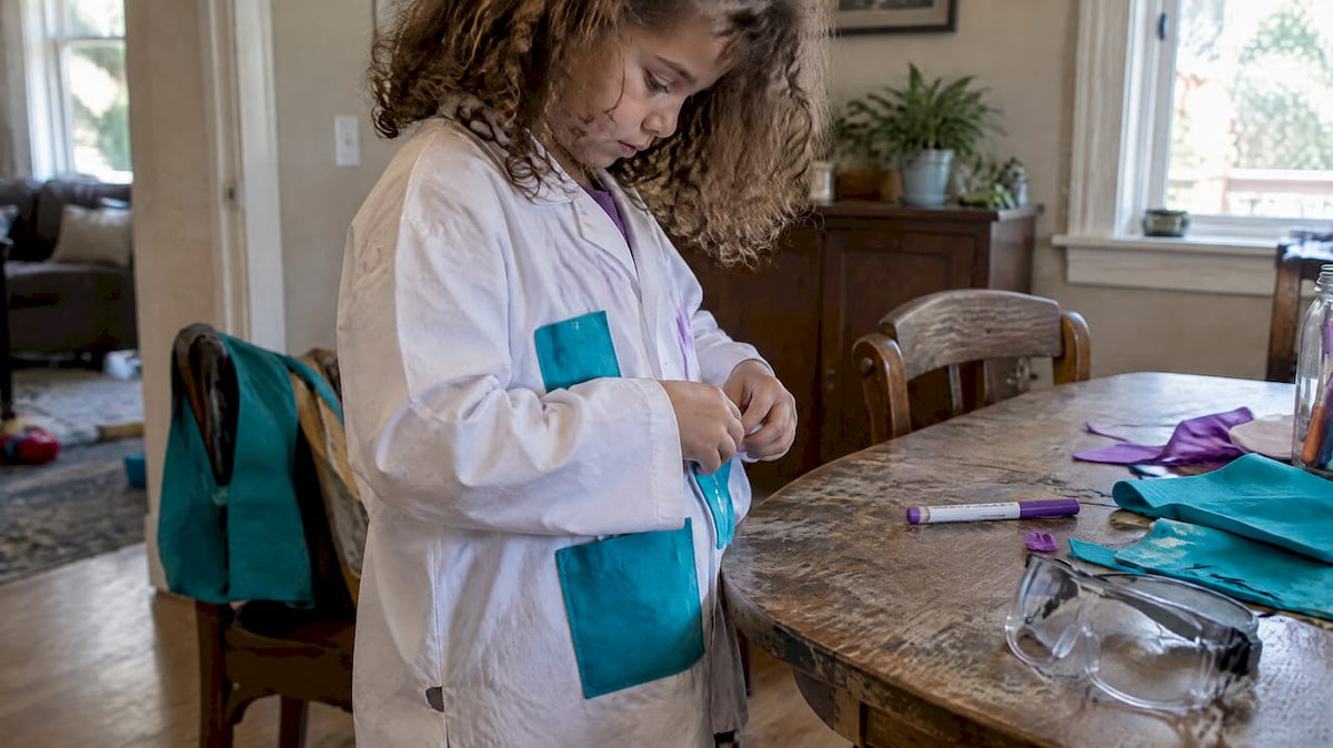 Child wearing homemade scientist costume