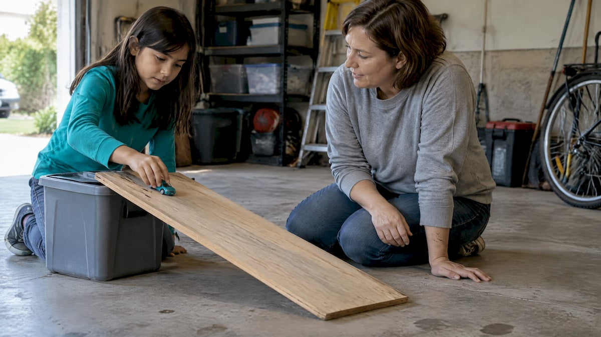Child testing a toy car ramp with educator