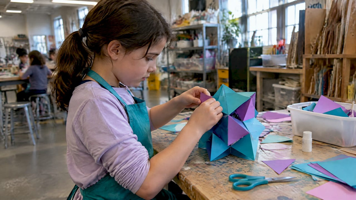 Child building a geometric paper sculpture