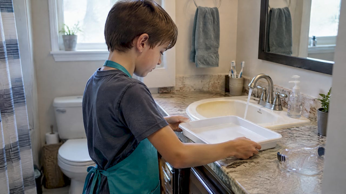 Child setting up a home science workspace
