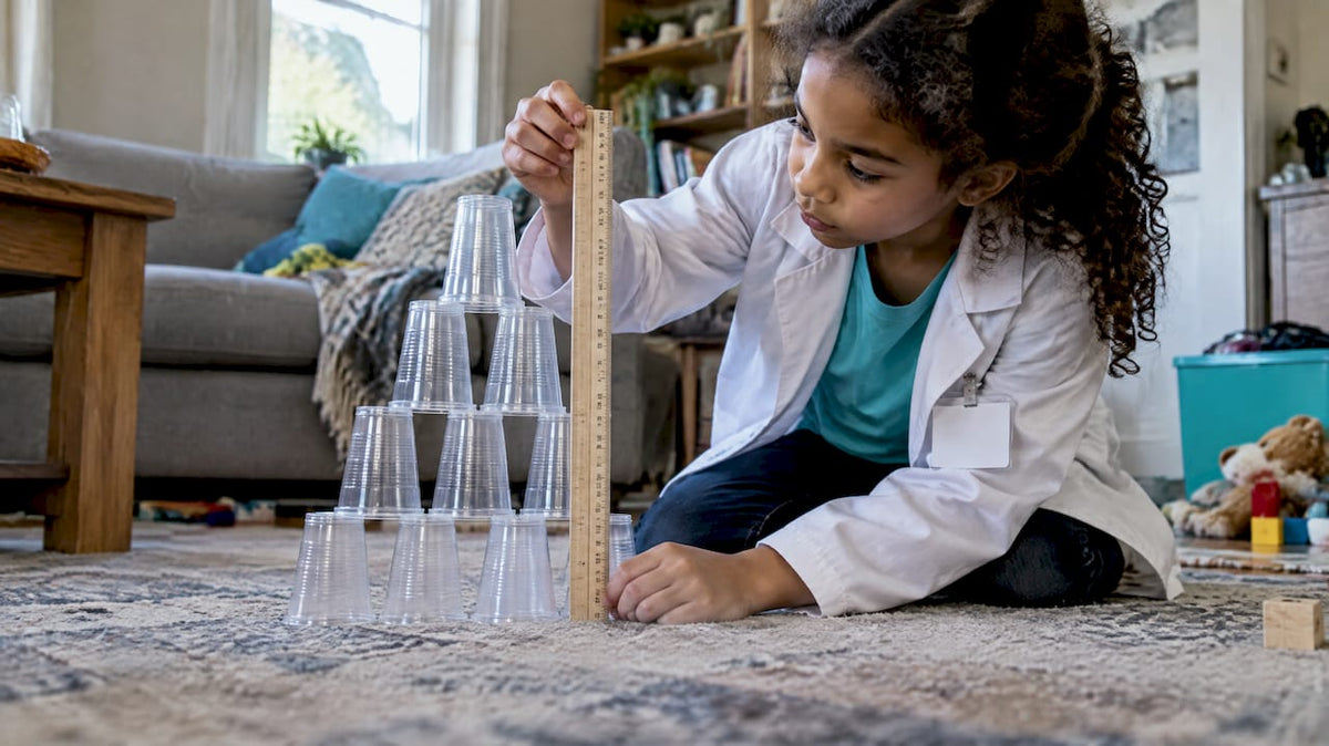 Child testing a measured cup tower