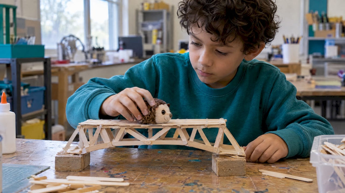 Child testing a craft stick bridge
