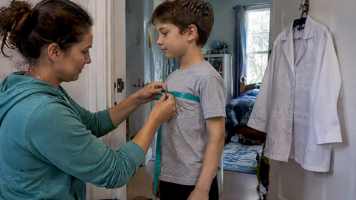 Parent measures child beside a lab coat