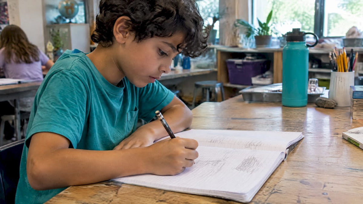 Child recording an observation in a science notebook