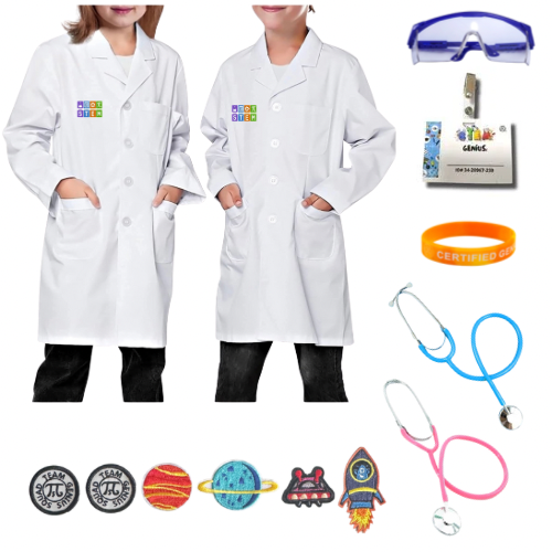 Deluxe STEM-STEAM Genius Lab Coat with Safety Glasses, Name Badge, Iron-on science patches
