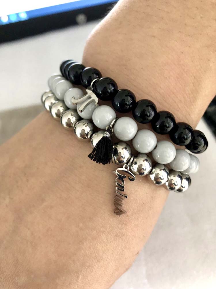 Black, Gray and Silver Stainless Steel Bead Bracelets with Science Charms & Tassle