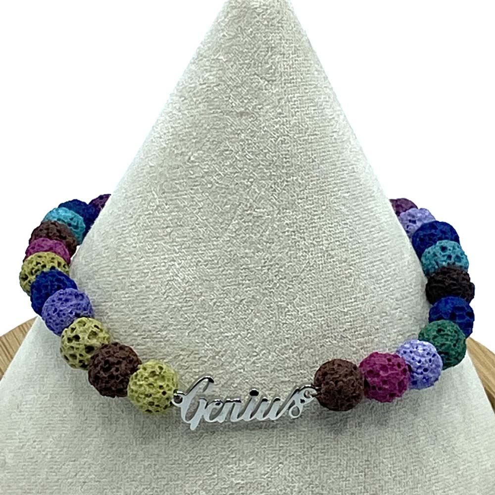 Multicolor Volcanic Stone Bracelet With Genius Charm 7.5 Inches
